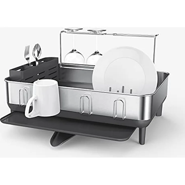 Simplehuman KT1181 Stahlrahmen Abtropfgestell Geschirr mit Abtropfschale, Geschirrständer mit Besteckhalter, Küche, Groß, grau, gebürsteter Edelstahl, 5 Jahre Garantie – Bild 1
