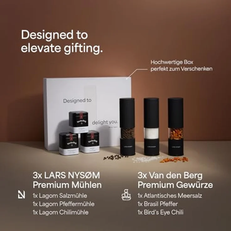 LARS NYSØM Gewürzmühlen Geschenkset, Salz und Pfeffermühlen Set mit Chilimühle & 3 Gewürzdosen (Carbon Black) – Bild 2
