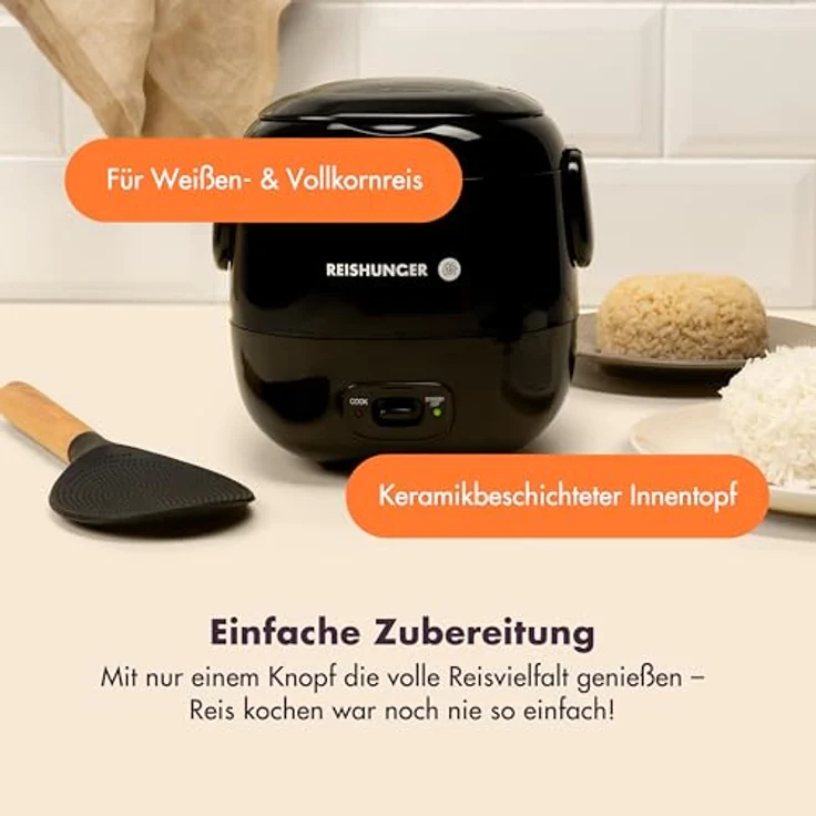 Reishunger Mini Reiskocher Starter Set, 0,3 L, Schwarz, elektrischer Reiskocher für 1-2 Portionen mit 8 Reissorten – Bild 2