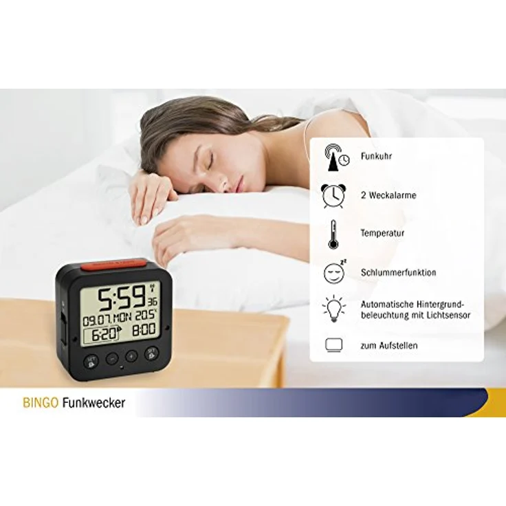 TFA Dostmann Bingo Funk-Wecker, mit autom. Hintergrundbeleuchtung, 60.2528.01, Datum, Temperaturanzeige und zwei Weckzeiten, schwarz/rot,L 81 x B 33 x H 81 mm – Bild 3