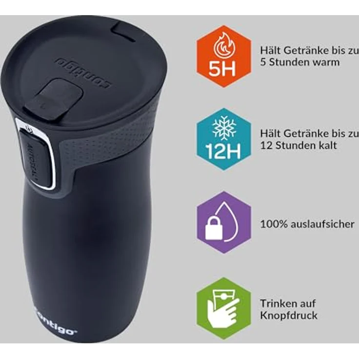 Contigo Thermobecher West Loop Autoseal, Edelstahl Isolierbecher, Kaffebecher to go, auslaufsicher, spülmaschinenfester Deckel BPA-frei, 470 ml , Black , 470 ml – Bild 2