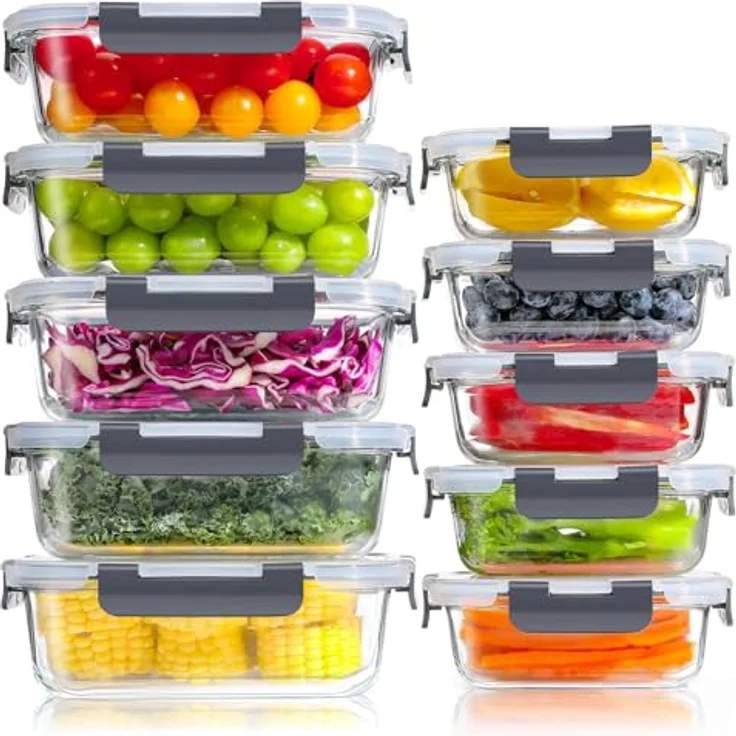 YASHE Glasbehälter Set, 10 Teile Stapelbar & Luftdicht, 5 x 1040ml & 5 x 370ml, Spülmaschinenfest, Mikrowellen- & Gefrierschrankgeeignet, BPA-frei und Auslaufsicher – Bild 1