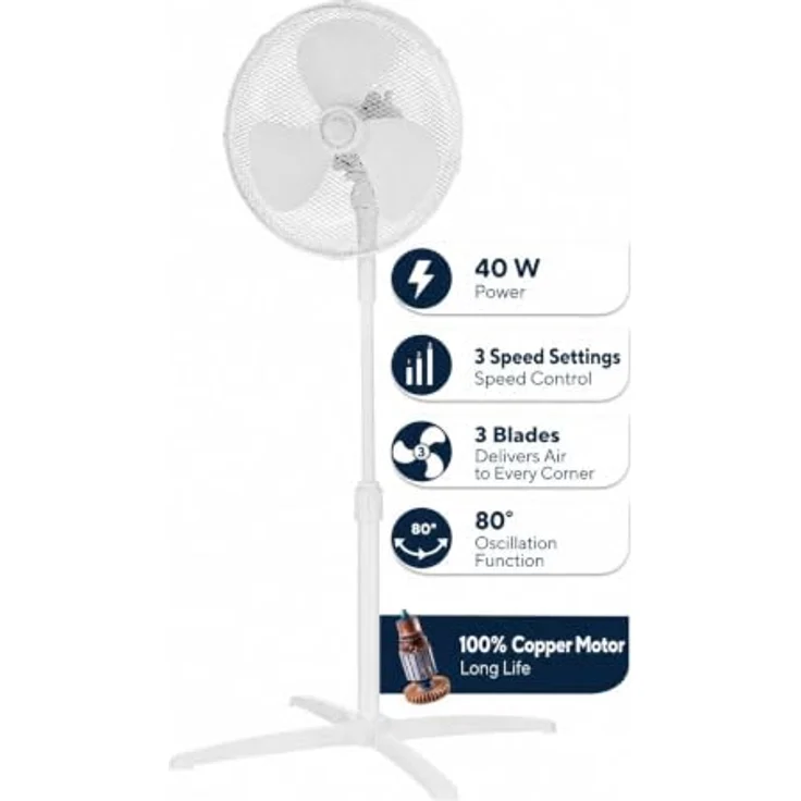 KUMTEL Standventilator, 40 cm mit 80° Oszillation, höhenverstellbar, weiß – Bild 7