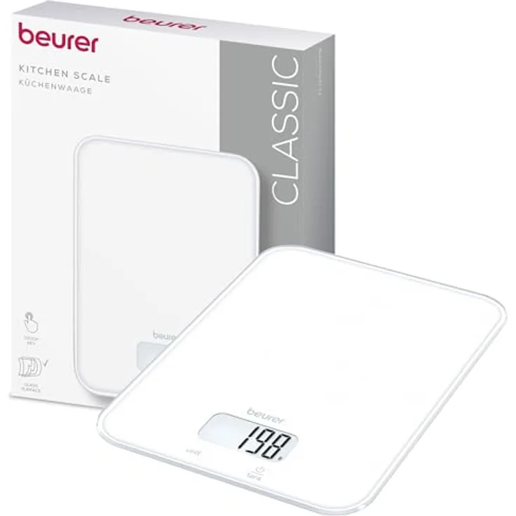 BEURER Küchenwaage KS 19 Pure White, Digitale Küchenwaage bis 5kg, 1-g-Genauigkeit mit Sensor-Touch-Panel