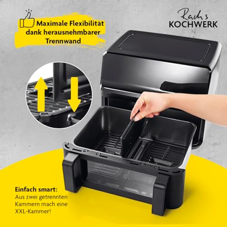 KOCHWERK Vario-Doppelkammer Heißluftfritteuse 9 L | Airfryer mit teilbarer Kammer, Touchscreen & 8 Programmen | Frittieren ohne Öl - fettarm | 2700 W Smart-Cook Funktion, Silber – Bild 3