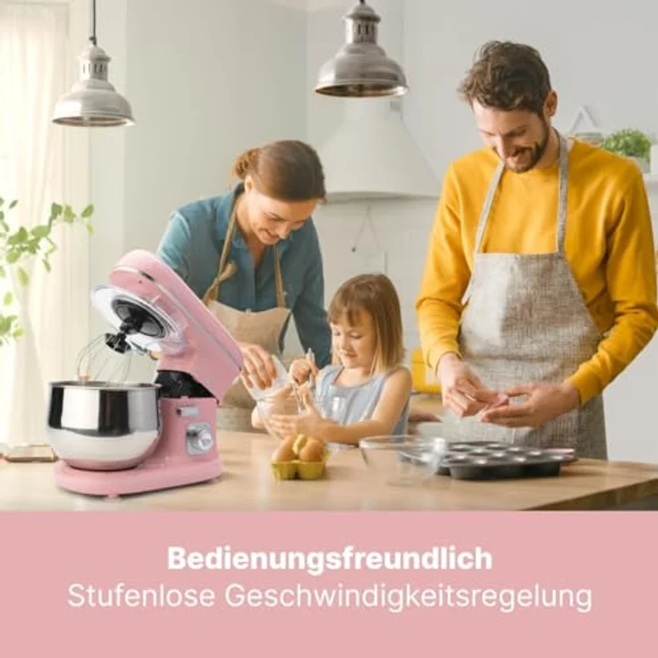 Clatronic KM 3711 Rock'n'Retro Knetmaschine inkl. transparentem Spritzschutzdeckel mit Nachfüllöffnung, 1100 Watt, 5 Liter, schwenkbarer Multifunktionsarm, Pink – Bild 6