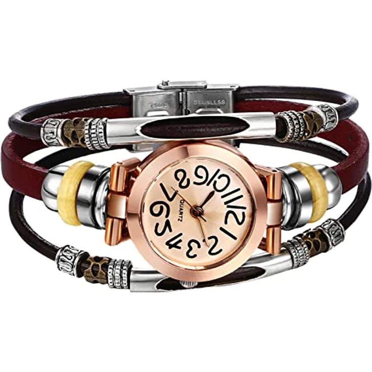 JewelryWe Analog Quarz Armbanduhr Damen, Retro Mehrreihig Geflochtenes Lederarmband, Wasserdicht, Braun – Bild 1