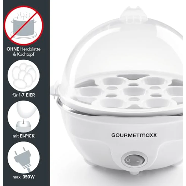 GOURMETmaxx Eierkocher für bis zu 7 Eier | Elektrischer Egg Cooker für individeulle Härtegrade | Inkl. Messbecher mit Ei-Pick für perfekte Ergebnisse | Mit Dampfauslassung [350 W] – Bild 2