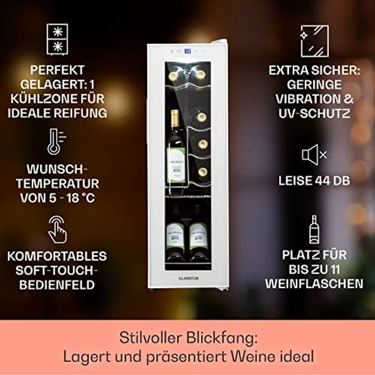 Klarstein Shiraz 12 Slim Uno Weinkühlschrank, freistehend, weiß, 12 Flaschen, Touch, 5 - 18 °C, LED, Energieklasse G – Bild 3