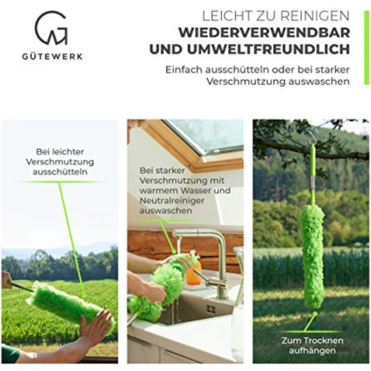 GÜTEWERK Teleskop Staubwedel waschbar - 140 cm lang - ausziehbar Staubwischer Teleskopstiel Mikrofaser Staub dust Wischer extendable Feather Duster Teleskopgriff Staubbürste Teleskopstange Wischer – Bild 5
