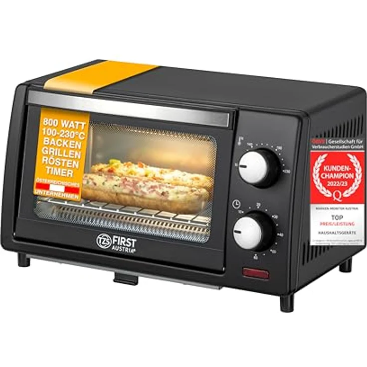 TZS First Austria 10 Liter Minibackofen, 800 Watt, bis 230 Grad, stufenlose Temperaturregelung, 60 Minuten Timer, 2 Einschubhöhen, Doppelglastür, Mini Ofen – Bild 1