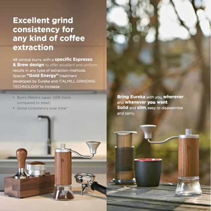 Eureka Baby Kaffeemühle, manuelle Espressomühle mit 48 mm konischen Graten und präziser Mahlgradeinstellung, Nuss/Glas – Bild 5