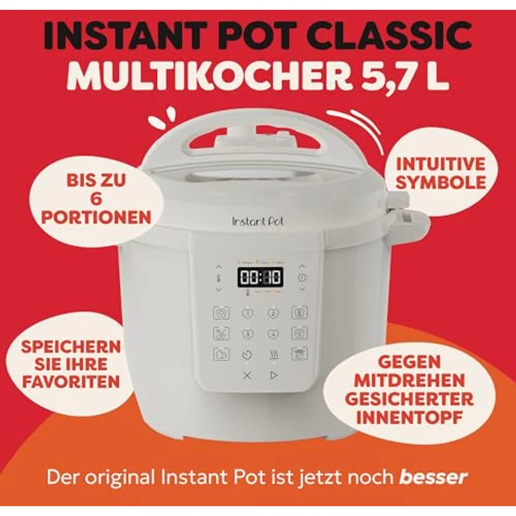 Instant Pot 7-in-1 Multikocher 5,7L – Schnellkochtopf, Schongarer, Dampfgarer, Joghurtbereiter, Edelstahl, Farbe Weiß – Bild 3