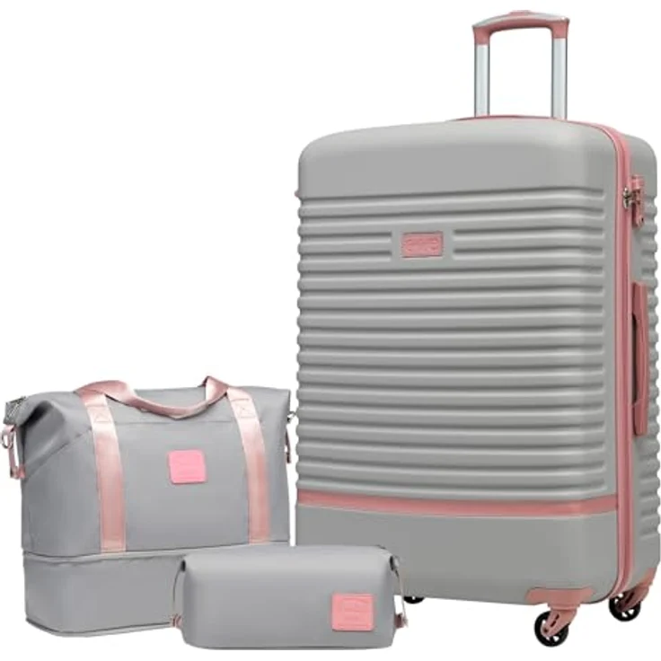 COOLIFE Koffer Set 3-TLG: Großkoffer + Reisetasche, ABS Hartschale, TSA-Schlösser, 360° Räder, Grau/Rosa – Bild 1