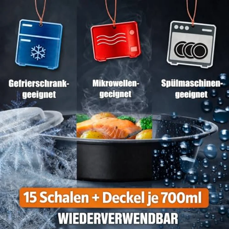 BigDean Meal Prep Boxen 700 ml, 15 runde Schalen mit Deckel, BPA-frei, mikrowellengeeignet, spülmaschinenfest, gefrierfest, stapelbar – Bild 3