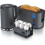 Arendo 3-teiliges Frühstücksset, Wasserkocher ELEGANT 1,5l, 4-Scheiben Toaster, 6er Eierkocher, Grau