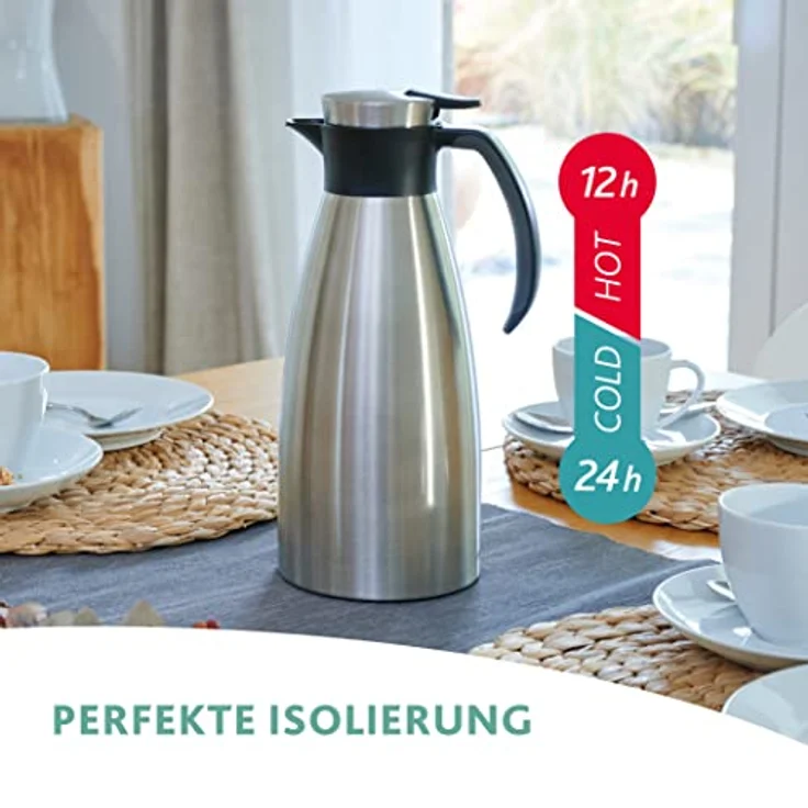 Emsa 514501 Isolierkanne, Edelstahl, 1.5 Liter, Quick Tip Verschluss, 100% dicht, Himbeer, Soft Grip – Bild 3