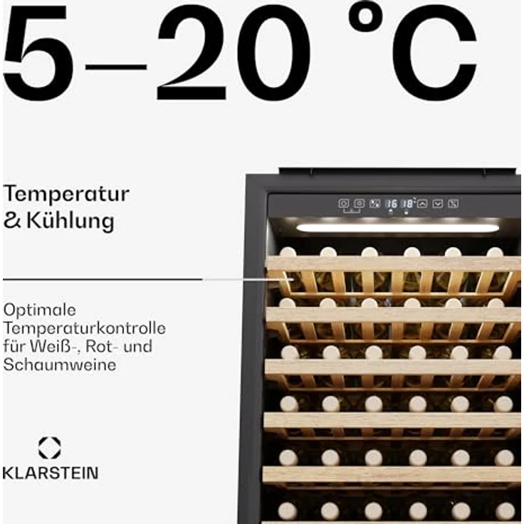 Klarstein Rhone 59 Uno Weinkühlschrank - 59 Flaschen, 1 Zone, 5-20 °C, LED-Steuerung, UV-Schutz, Leiser Betrieb, Schwarz – Bild 3