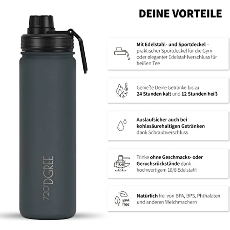 720°DGREE Edelstahl Trinkflasche Kinder 530ml “noLimit” - Auslaufsicher, für Kohlensäure, BPA-Frei, Thermosflasche mit Schraubverschluss und Gratis Sportdeckel – Bild 2