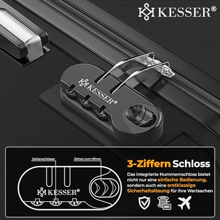 KESSER® Hartschalen Reisekoffer 84L, Trolley mit Kofferwaage, Zahlenschloss und Gepäckanhänger, 4 Rollen, Teleskopgriff, 66x45x28cm, Schwarz – Bild 4