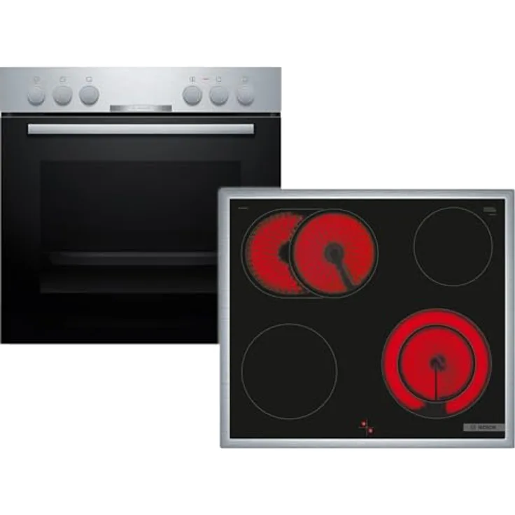 Bosch HND211CS63, Einbau-Herd-Set, 60 cm mit 3D-Heißluft, Edelstahl, Elektro-Kochfeld mit Bräterzone und 21 cm Zweikreiszone