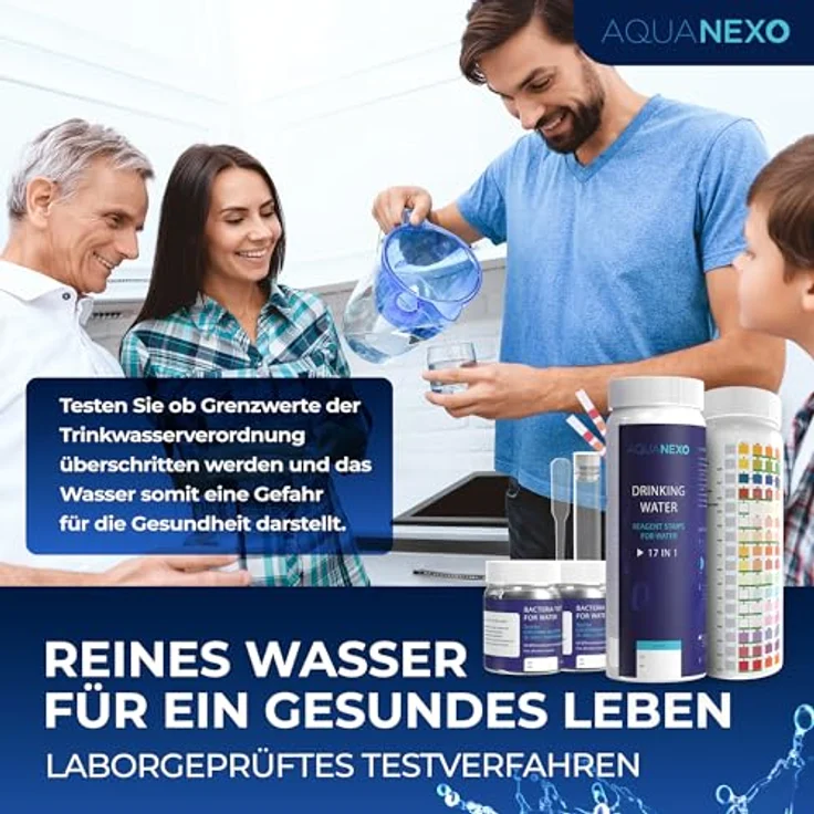 Aquanexo 125 Wassertester Trinkwasser Teststreifen 17-in-1 + 2 Bakterientests + Pipette + Reagenzglas, Wasserfilter in 16-in-1 Werten, Blau – Bild 8