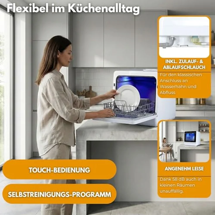 Sommertal SP9 XXL Mini Geschirrspüler, 7 Programme bis 5 Personen, 950 W, 5L Tank, Touch-Bedienung, Selbstreinigung, LED-Innenbeleuchtung – Bild 4