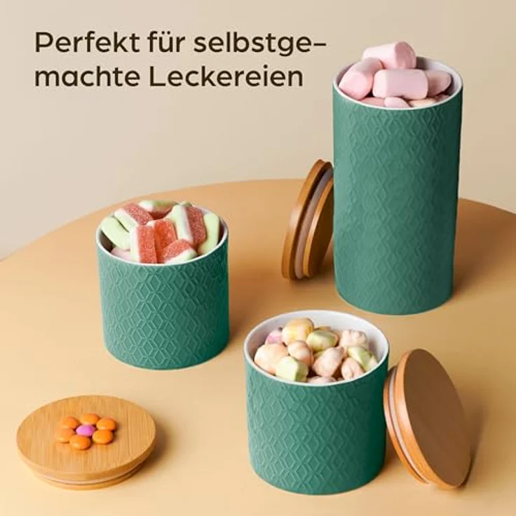 Niboline Keramikdose mit Deckel Luftdicht - 3er Vorratsdosen Set aus Holzdeckel für Müsli Mehl Kaffee & Zucker Aufbewahrung - Spülmaschinenfest (Türkis) – Bild 4