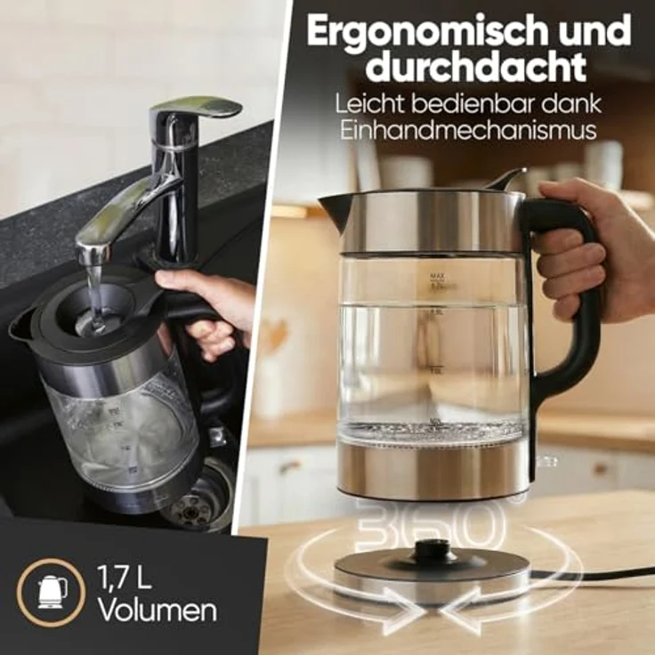 ProfiCook® Wasserkocher PC WK 1322, 1,7L, 2200W, Glas/Edelstahl, beleuchtet, BPA-frei, Einhandbedienung, 360° drehbarer Sockel, schwarz – Bild 4
