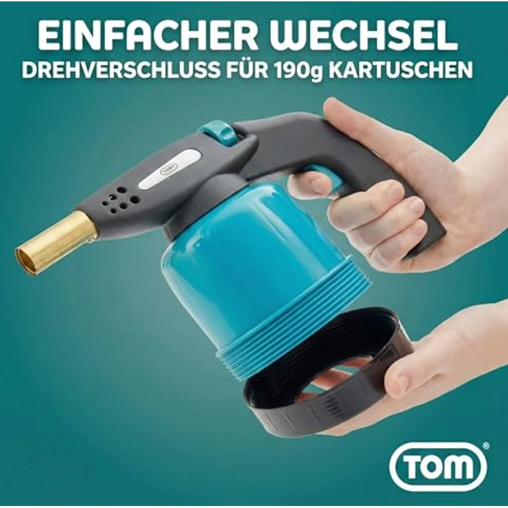 TOM GB-190 Lötbrenner, leistungsstarker Flambierbrenner mit 1300°C, Piezozündung, 1300W, inkl. optional 4x 190g Gaskartuschen – Bild 6