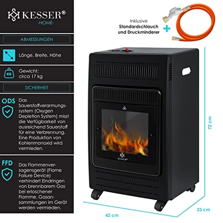 KESSER Gasheizer Gasheizofen Heizstrahler 3,4 kW Gas Kamin inkl. Gasdruckregler & Gasschlauch 2 Heizstufen Infrarot 3400W Gasheizstrahler Gasheizung Butan- oder Propangasflaschen bis 11kg Schwarz Schwarz,  – Bild 6