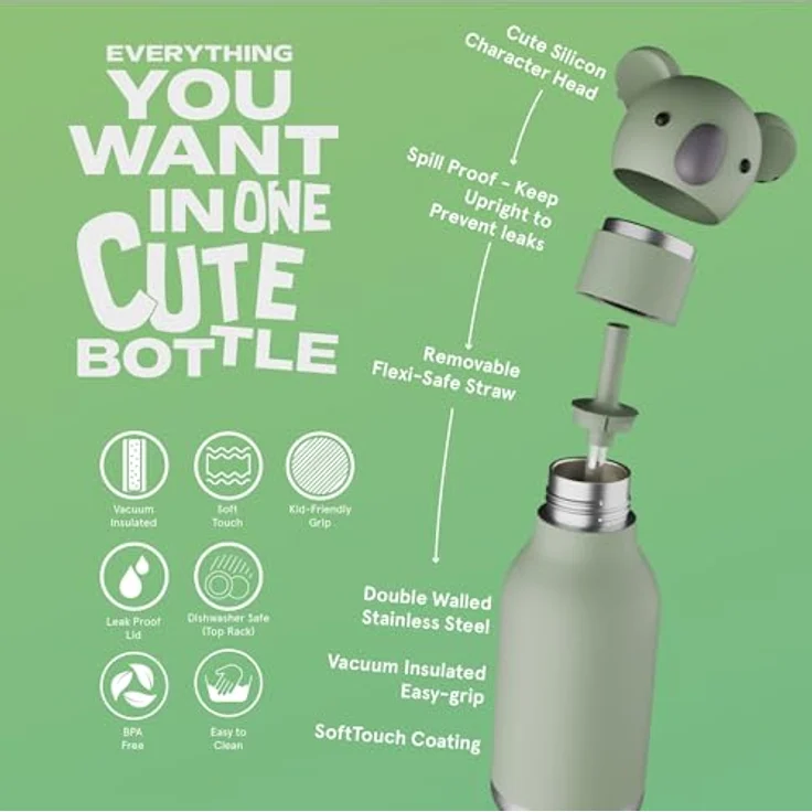 ASOBU Bestie Kindertrinkflasche mit Strohhalm, isolierte Edelstahlflasche 420ml, Koalakopf, auslaufsicher & BPA-frei – Bild 3