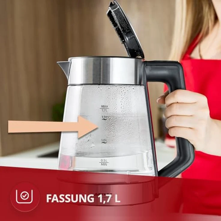 MPM MCZ-116 Wasserkocher 1,7L mit LED-Beleuchtung, Temperaturregelung 50-100°C, Glas- und Edelstahlgehäuse, Warmhaltefunktion, 2200W – Bild 5