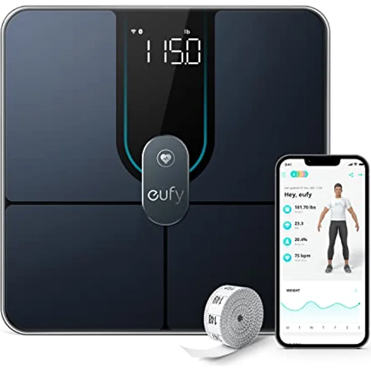 eufy Personenwaage, Smart Scale P2 Pro, Digitale Körperfettwaage WLAN/Bluetooth, 16 Messwerte inkl. Gewicht, Herzfrequenz, Körperfett, BMI, Muskel-/Knochenmasse (Schwarz)