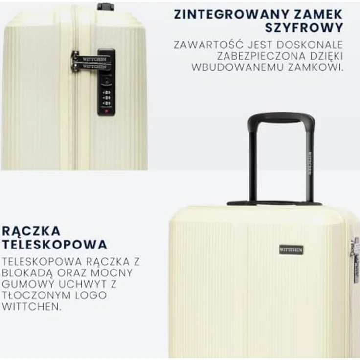 WITTCHEN Stripes Line Kofferset, Hartschalenkoffer ABS mit 4 Doppelrollen, Teleskopgriff und Zahlenschloss, Creme, 4 Größen und Kosmetiktasche – Bild 4