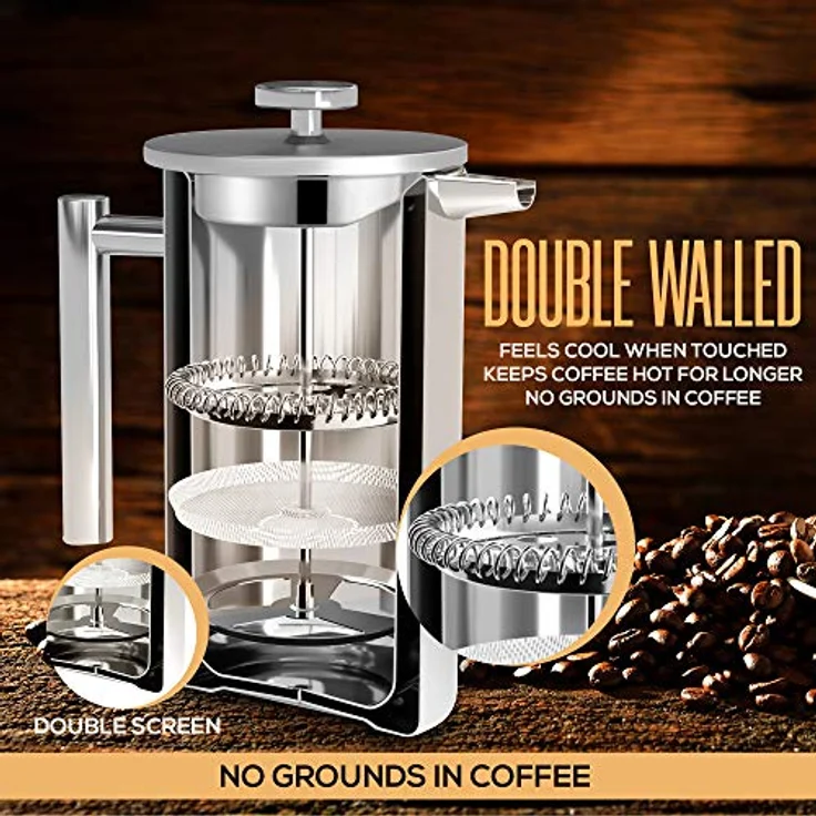KICHLY French Press Kaffeebereiter 20 Oz - 600 ml (3 Tassen) - doppelwandig mit dreifachem Edelstahlfilter - Silber – Bild 2