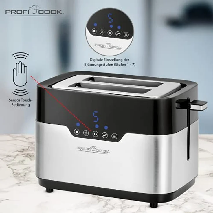 ProfiCook Toaster PC-TA 1170 - ''Wide Slot'' - Sensor Touch - Brötchenaufsatz - Krümelschublade - Zentrierfunktion - 7 Bräunungsstufen - Edelstahlgehäuse – Bild 5
