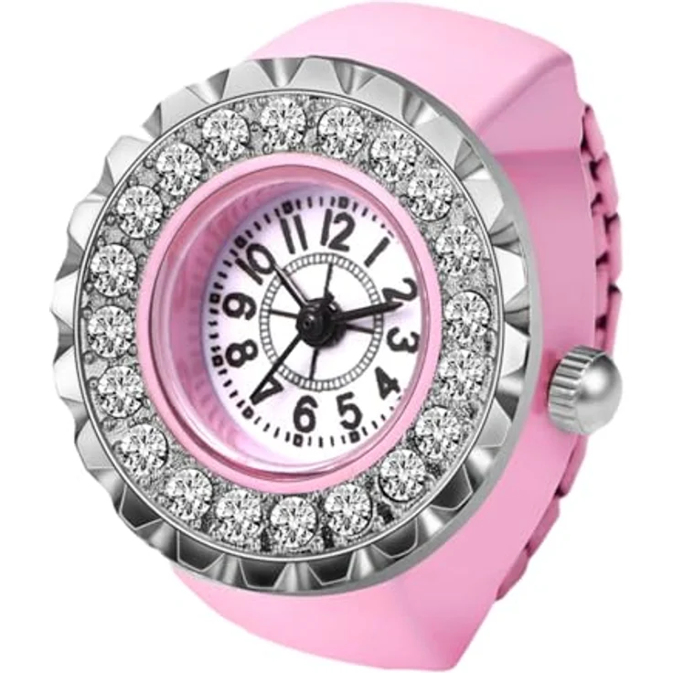 JewelryWe Ringuhr Fingeruhr Damen, Elastisch, Glitzer Strass, Rosa Legierung, Analog Quarz Uhr mit Wasserdichtigkeit 10m – Bild 1