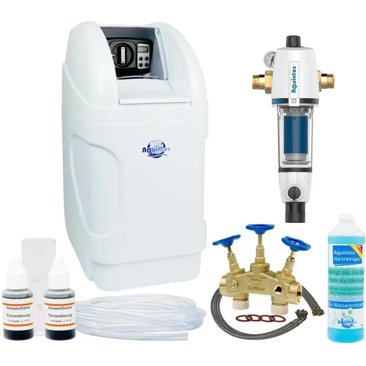 Aquintos MKB24 Wasserenthärtungsanlage, Wassermengengesteuerte Entkalkungsanlage für 1-3 Personen, bis zu 2160 Liter pro Regenerationszyklus, inkl. Set 4