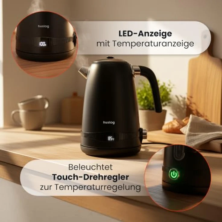 Huslog Elektrischer Wasserkocher Retro Edelstahl mit Temperaturanzeige, 1,7L, 2200W, 7-stufige Temperaturregelung – Bild 4