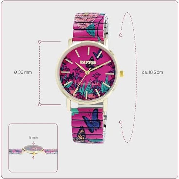 Raptor Damenarmbanduhr FRIDA KAHLO Edition mit Zugband, Quarzuhrwerk, flexibles Edelstahlarmband, gehärtetes Mineralglas, 36 mm, bunt – Bild 4