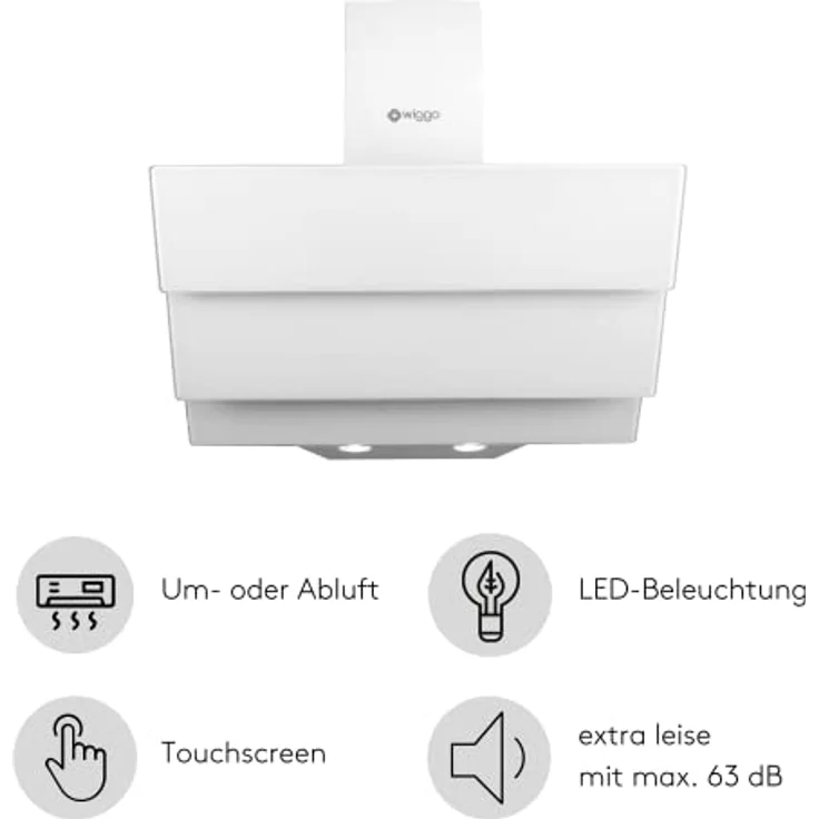 Wiggo Dunstabzugshaube 50cm kopffrei I Abluft Umluft Dunstabzug 300m³/h - LED Touch-Display 3 Stufen I Schräghaube inkl. Fettfilter & 2x Kohlefilter I Abzugshaube mit 3 teiliger Glasfront weiß – Bild 2