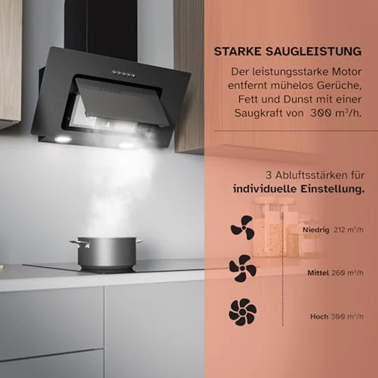 Heinrich´s HEINRICHS Dunstabzugshaube, 60cm, 300m³/h Saugkraft, LED Beleuchtung, Aktivkohlefilter, 69W Leistung, Schwarz – Bild 3