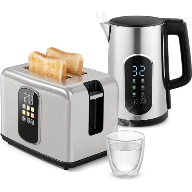 HOMCOM Wasserkocher Toaster Set, 2200 W Wasserkocher (1,5 L) und 2-Scheiben Toaster in Silber, mit LED-Touch und Warmhaltefunktion – Bild 1