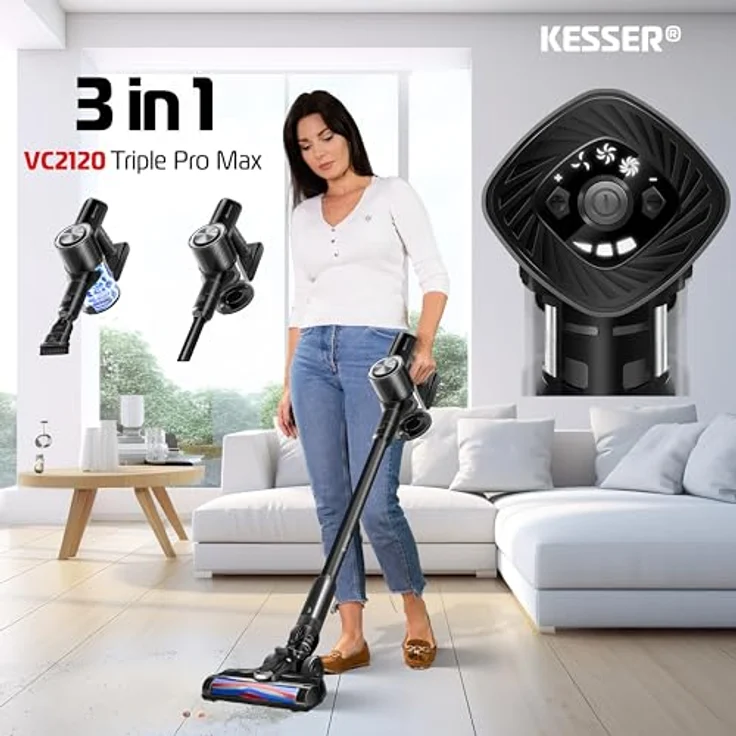 KESSER® Akku-Staubsauger 3in1 | Handstaubsauger ohne Beutel mit HEPA-Filter | Akkusauger bis 60 Min. Laufzeit + Fugendüse & Staubbürste | LED-Licht XL Staubbehälter für Hartböden Teppich Tierhaare – Bild 2