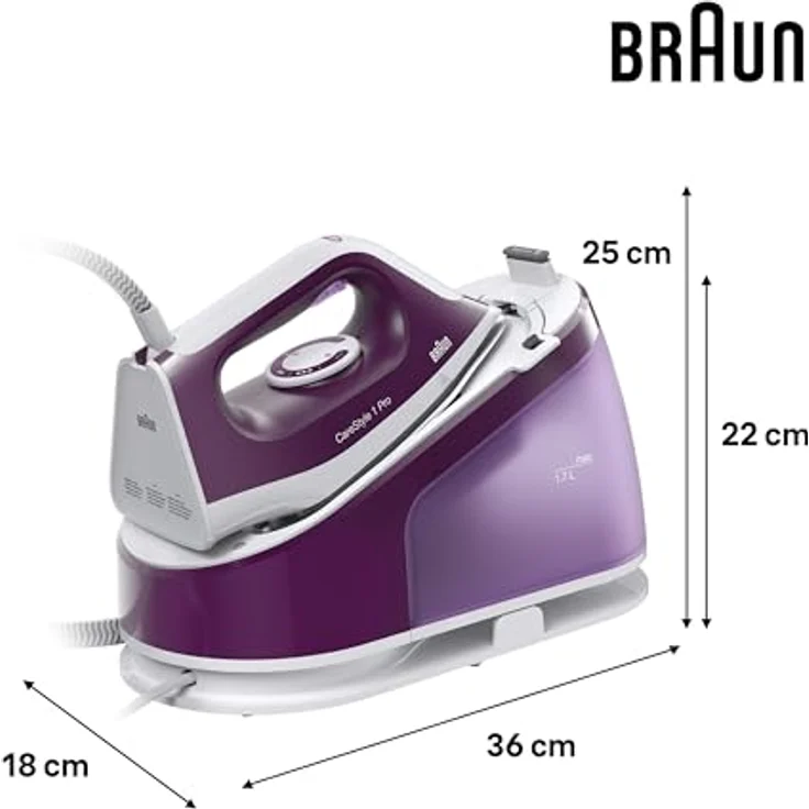 Braun CareStyle 1 Pro IS1514 VI Dampfbügelstation - Dampfbügeleisen mit FreeGlide 3D Technologie, Vertikaldampf, Anti-Tropf-Funktion, 1,7L Wassertank, 6 bar, 120 g/min, 2200W, Violett – Bild 3