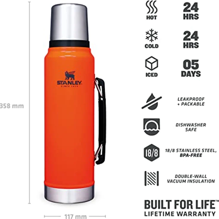 Stanley Classic Legendary Bottle Vakuumflasche aus Edelstahl mit Vakuumisolierung in der Farbe Blaze Orange 1,0l, Maße: 11,7cm x 9,4cm x 35,8cm, 668307 – Bild 3