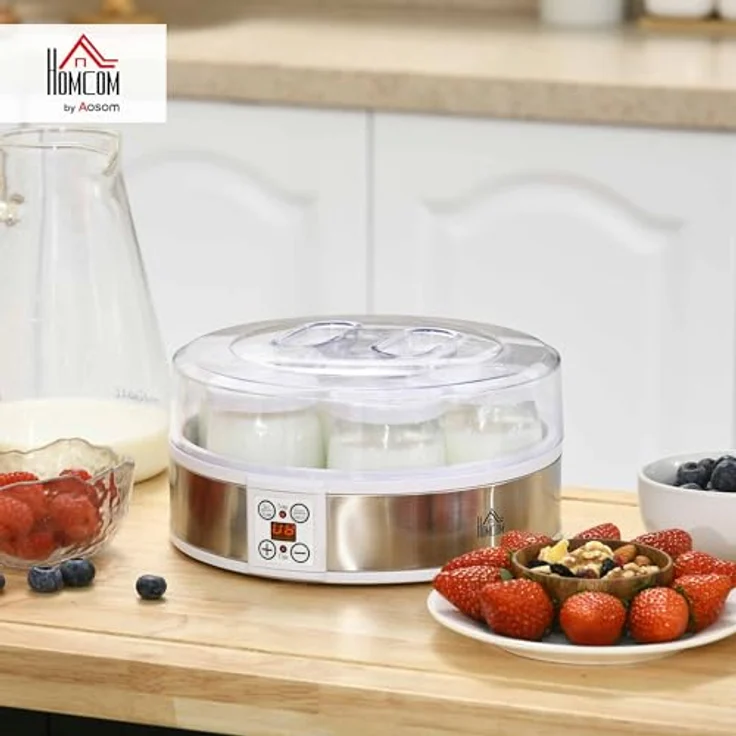 HOMCOM Joghurtbereiter, Joghurtmaschine mit Timer und Temperatur-Einstellung, 7 Glasbehälter je 180 ml, automatische Abschaltung, 20 W, Weiß – Bild 2