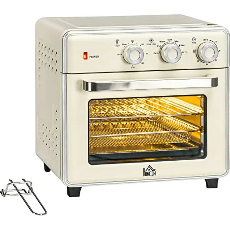 HOMCOM Minibackofen 20L, 5 in 1 Pizza-Ofen inkl. Backblech Set, Frittierkorb, Krümelblech, 1 Std. Timer, 90-230℃, 1400 W Elektrischer Mini Ofen mit Umluft, Cremeweiß – Bild 1