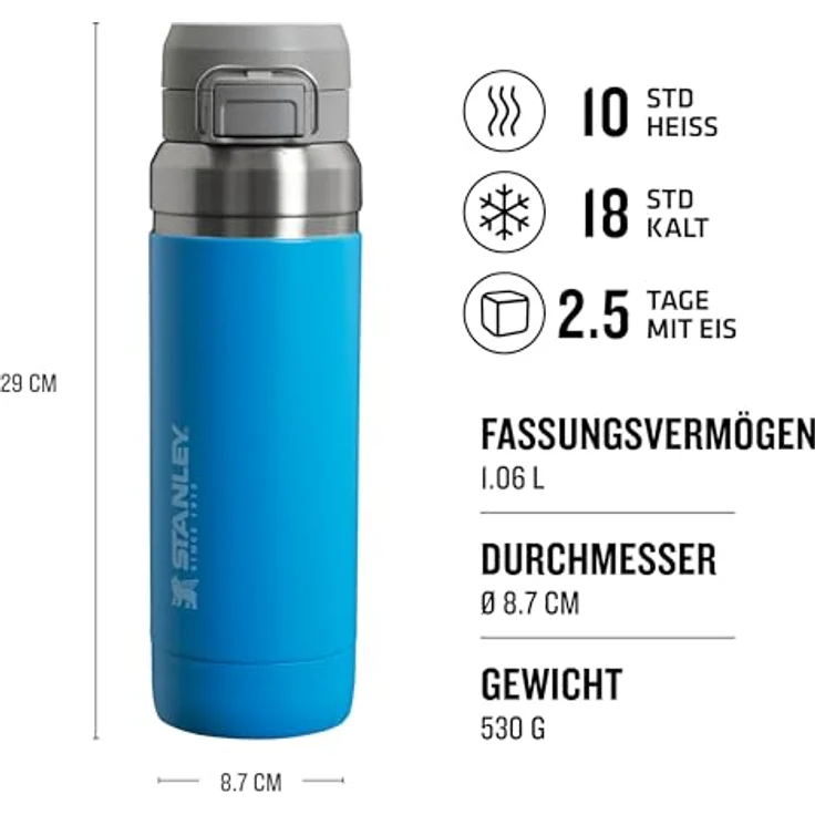 Stanley Quick Flip Edelstahl Trinkflasche 1.06L, Auslaufsicher, BPA-frei, Hält 18+ Stunden Kalt, Spülmaschinenfest, Azure – Bild 2